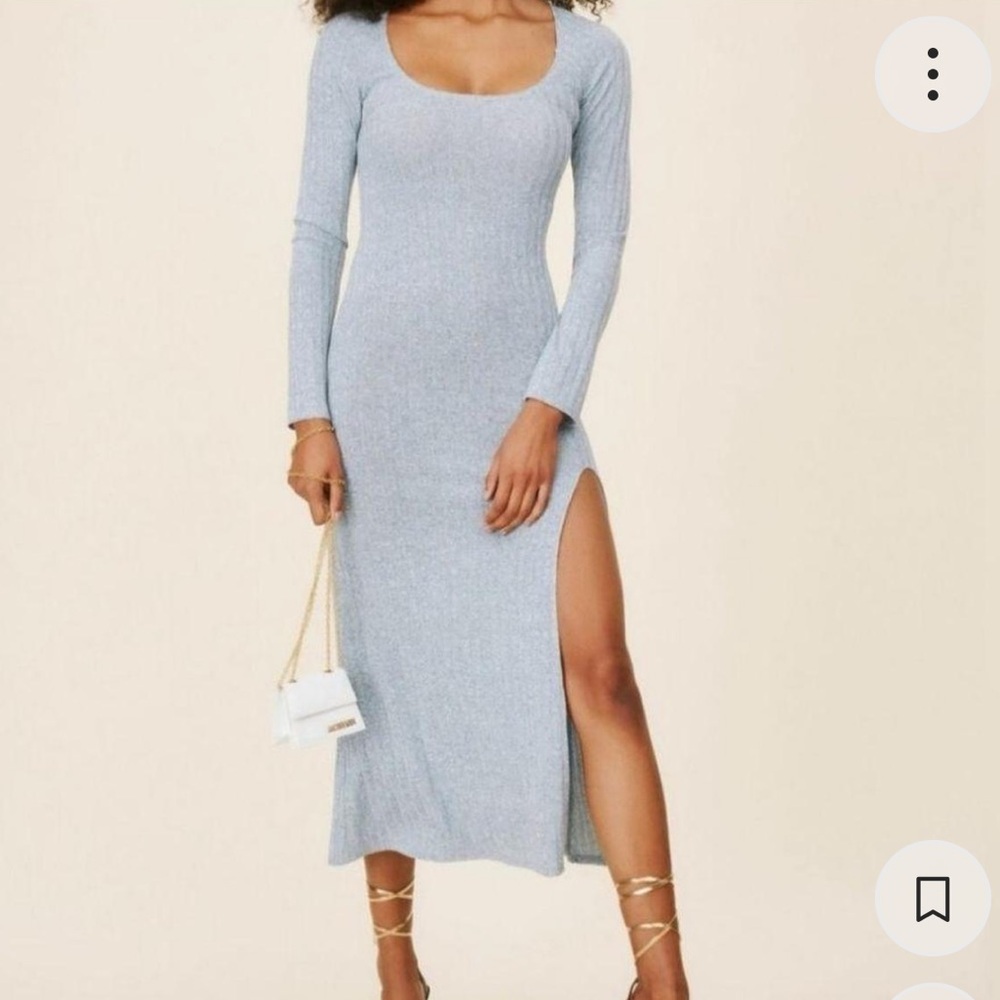 Reformation long sleeve dress with slit blue xs